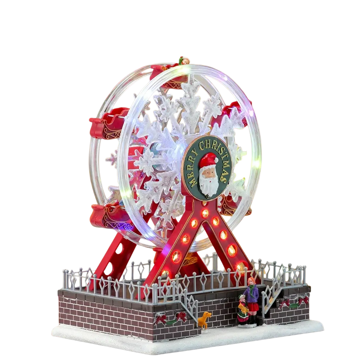 Musical christmas ferris wheel ornament in red and clear with illuminated lights and santa claus merry christmas plaque