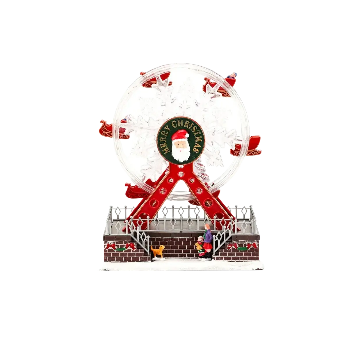 Musical christmas ferris wheel ornament in red and clear plastic featuring a central santa claus emblem