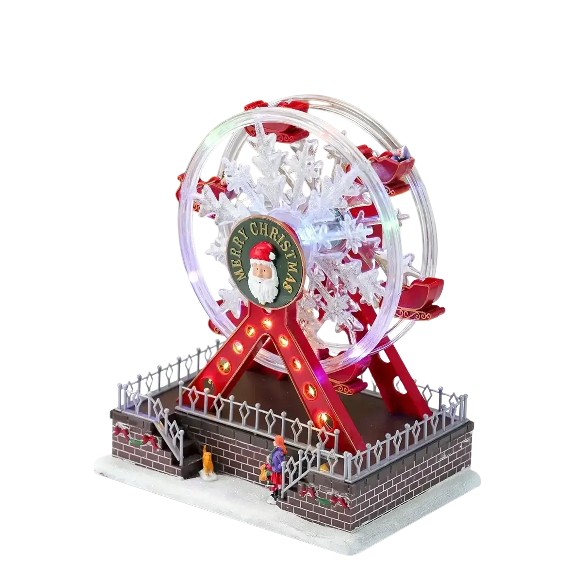 Musical christmas ferris wheel ornament featuring red and clear lights with santa claus emblem wheel ornament display