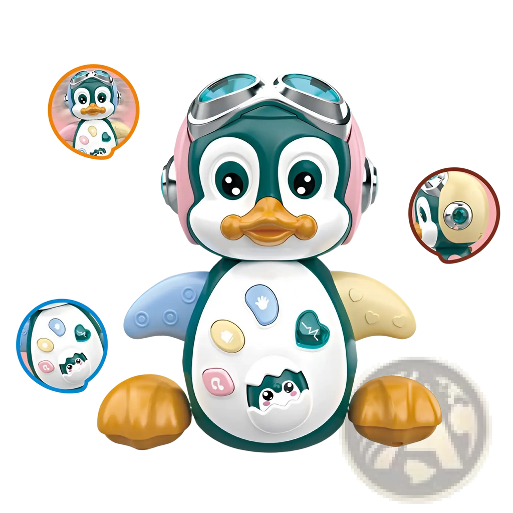 Musical dancing penguin toy for toddlers in teal and white with pink goggles, blue wings, orange feet, and colorful buttons