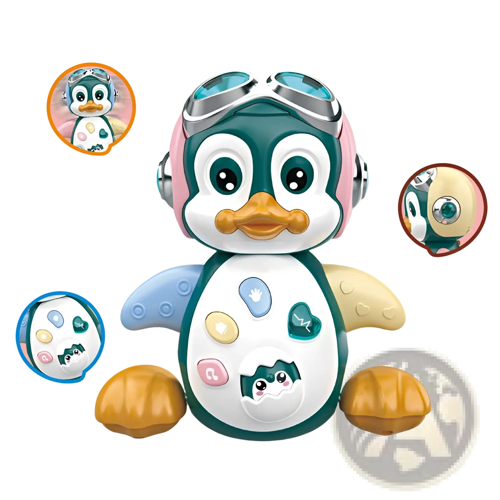 Musical dancing penguin toy for toddlers in teal and white with pink goggles, blue wings, orange feet, and colorful buttons