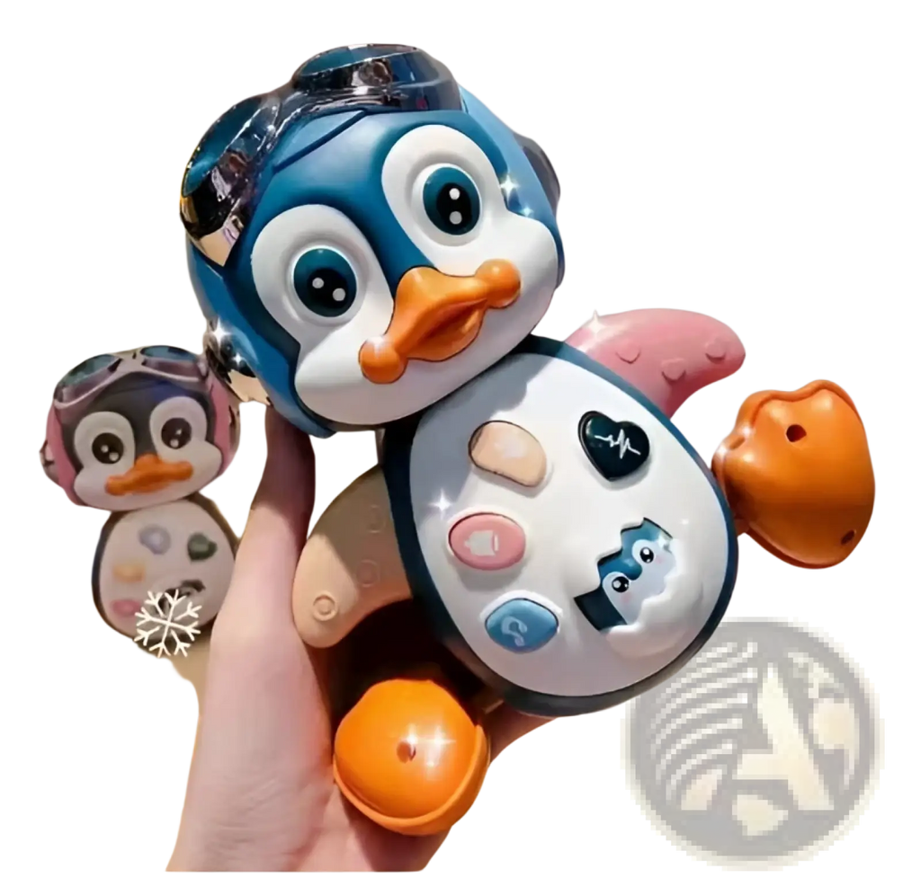Musical dancing penguin toy for toddlers in blue and white with orange beak pink feet and colorful buttons on belly