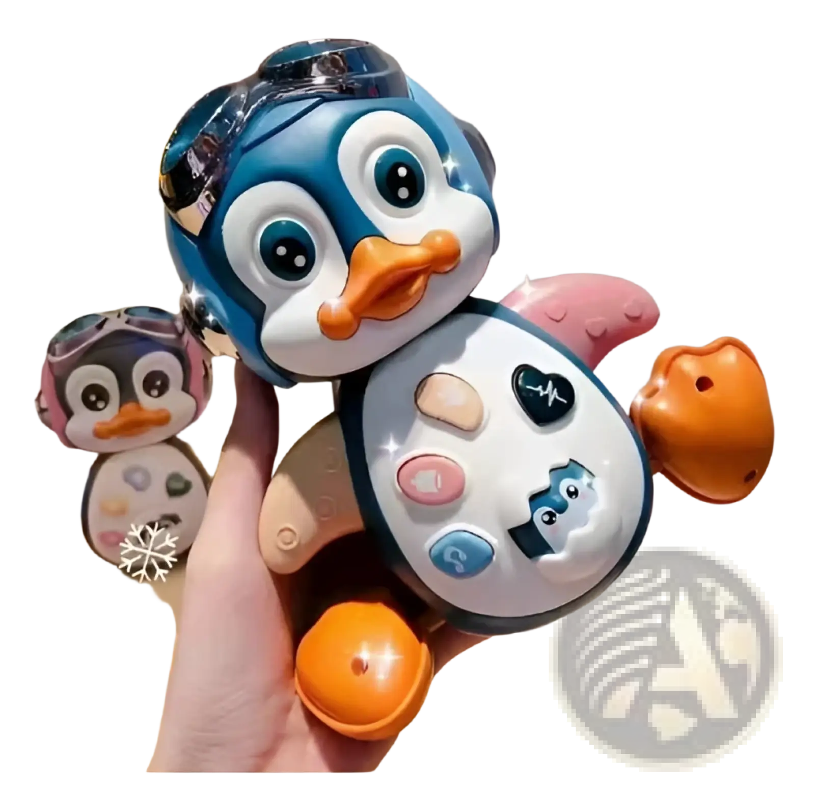 Musical dancing penguin toy for toddlers in blue and white with orange beak pink feet and colorful buttons on belly
