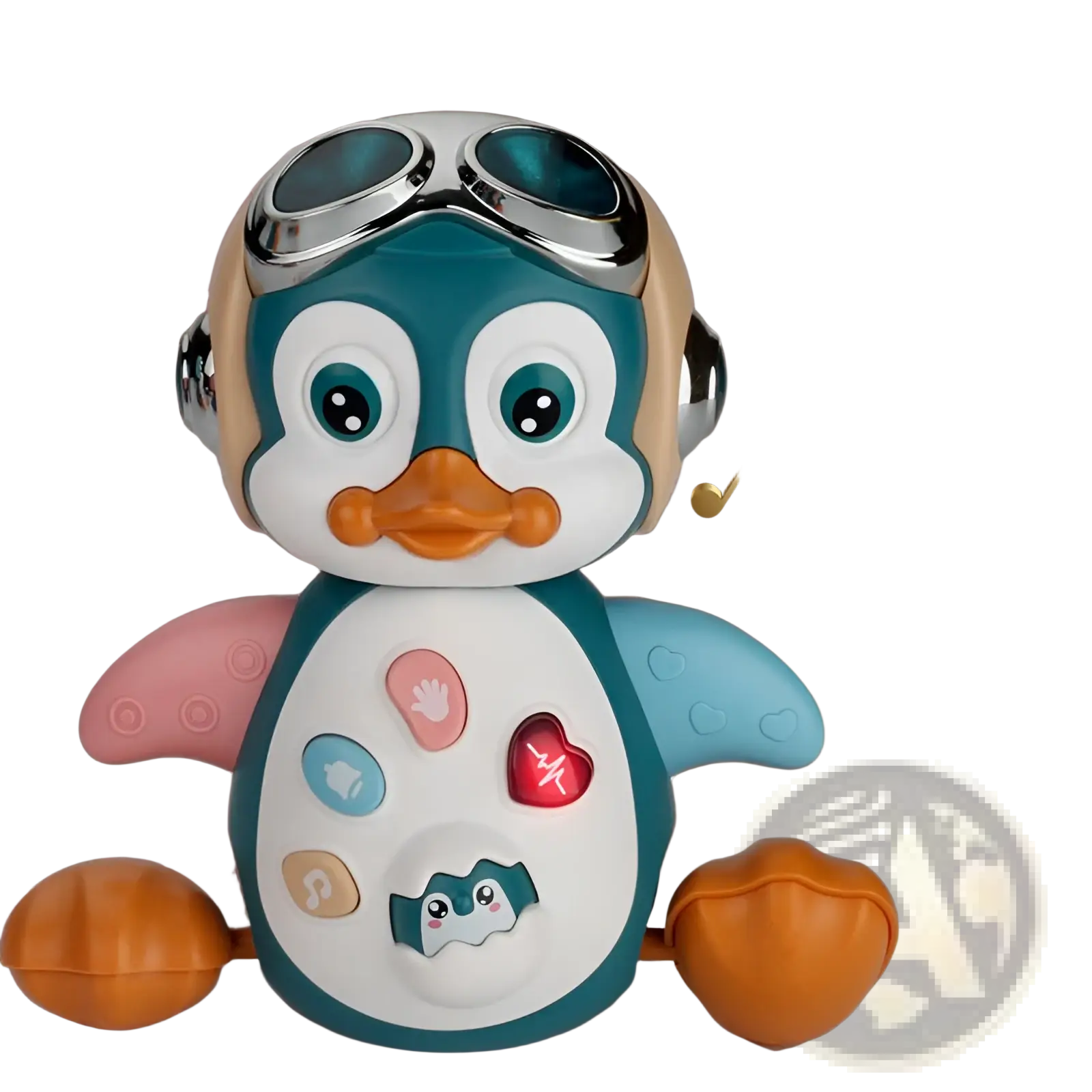 Musical dancing penguin toy for toddlers in teal and white with orange feet, silver goggles, and colorful belly buttons