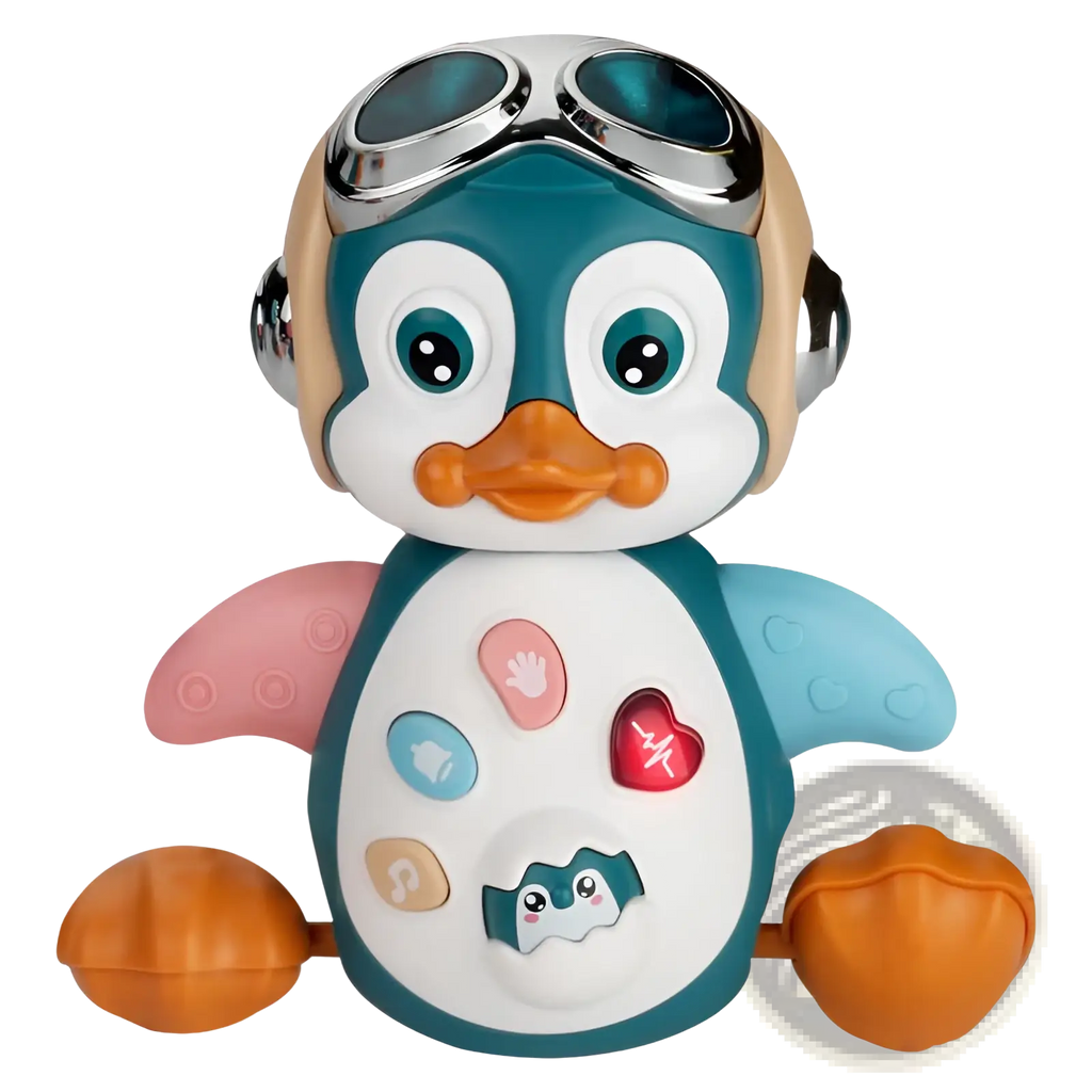 Musical dancing penguin toy for toddlers in teal and white with orange feet, colorful buttons, pink and blue wings, and silver goggles
