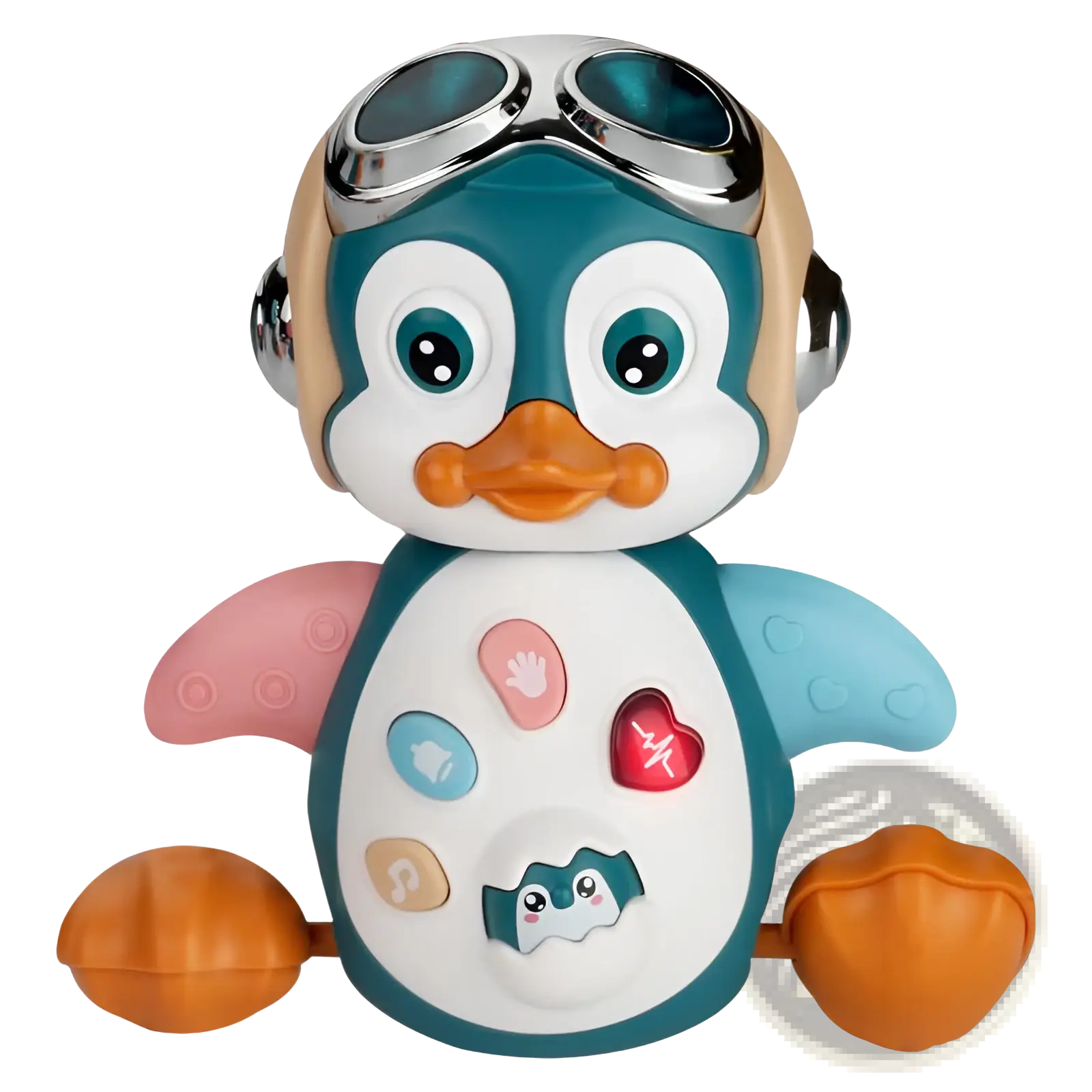 Musical dancing penguin toy for toddlers in teal and white with orange feet, colorful buttons, pink and blue wings, and silver goggles