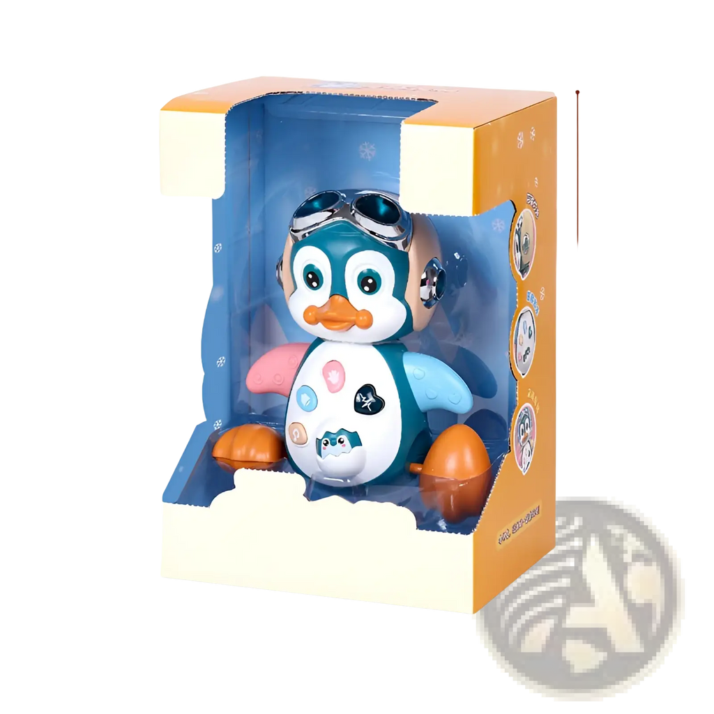 Musical dancing penguin toy for toddlers in blue and white with orange feet pink wing and silver goggles