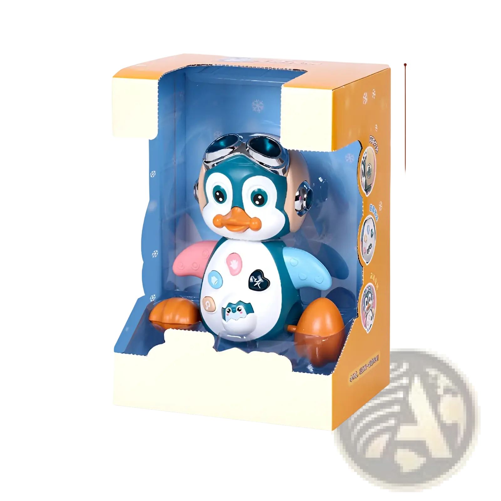 Musical dancing penguin toy for toddlers in blue and white with orange feet pink wing and silver goggles