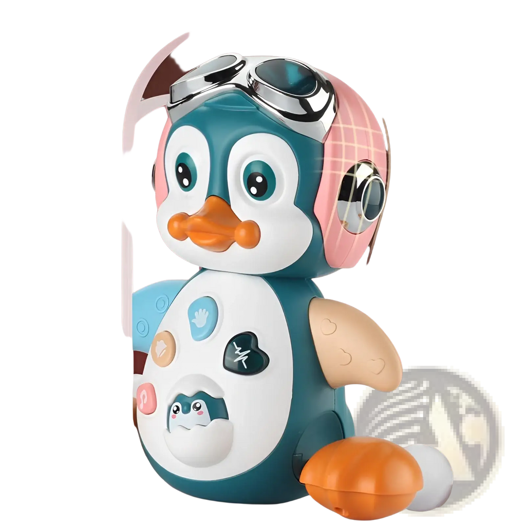 Musical dancing penguin toy for toddlers in teal and white with pink goggles orange beak and colorful belly buttons