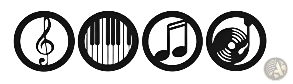 Four black wooden circular musical note wall decor icons featuring treble clef piano keys eighth notes and vinyl record