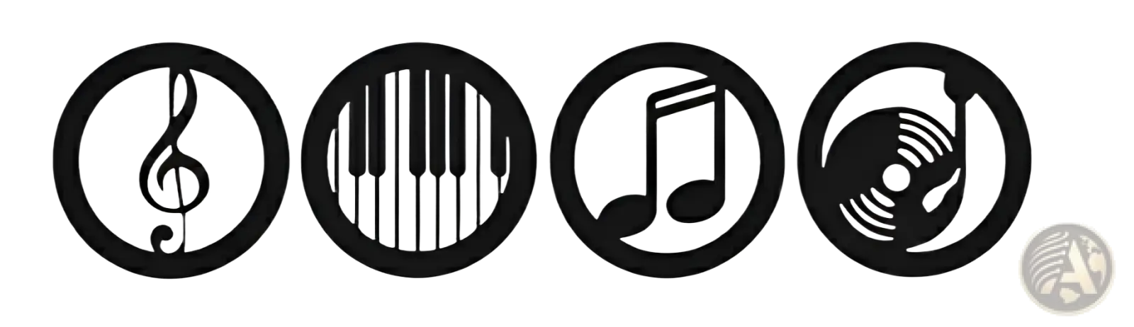 Four black wooden circular musical note wall decor icons featuring treble clef piano keys eighth notes and vinyl record