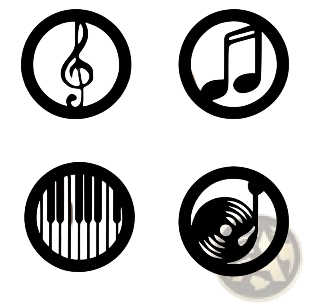 Black circular wooden musical note wall decor set featuring treble clef eighth note piano keys and vinyl record