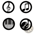 Black circular wooden musical note wall decor set featuring treble clef eighth note piano keys and vinyl record