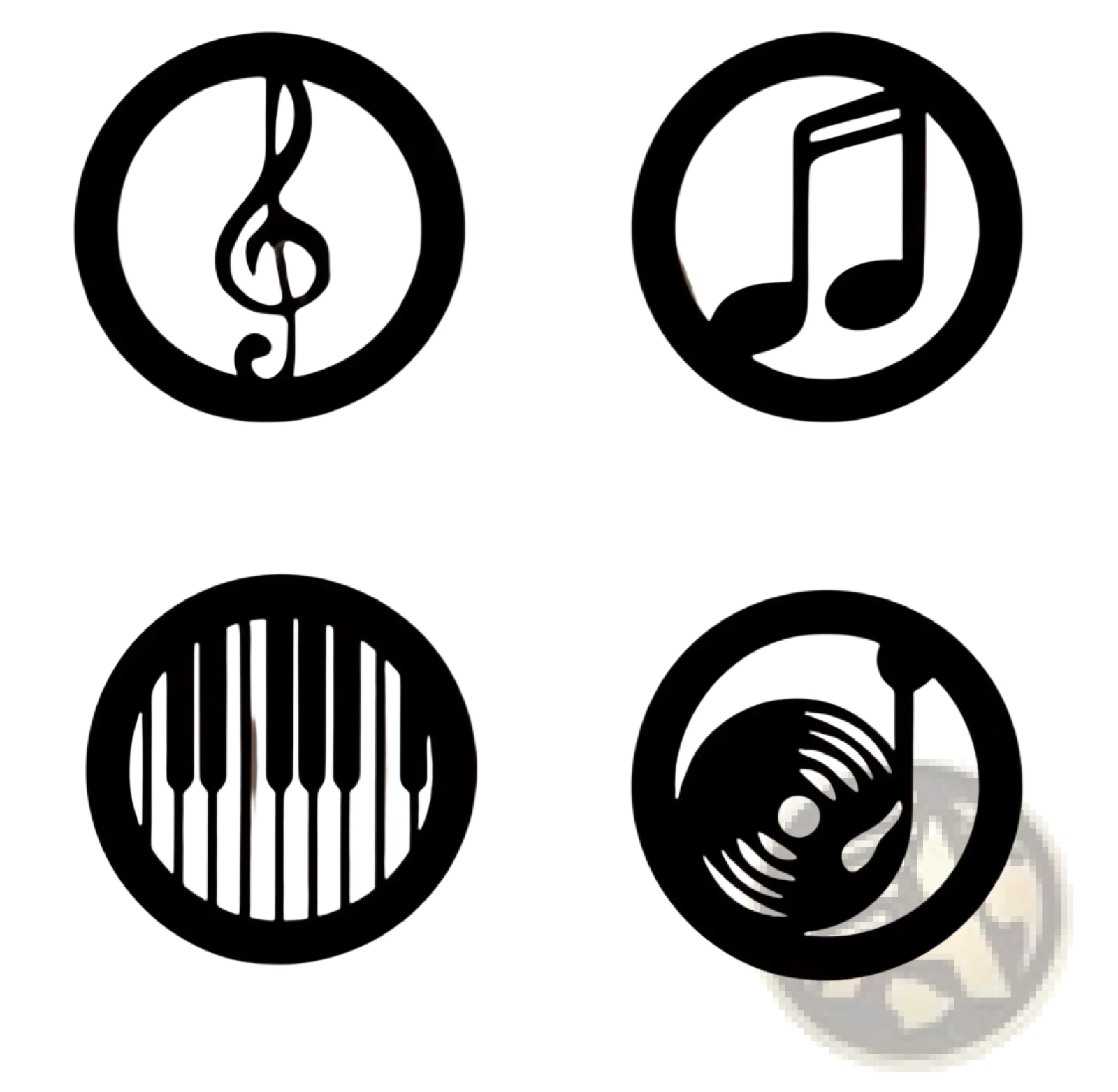 Black circular wooden musical note wall decor set featuring treble clef eighth note piano keys and vinyl record