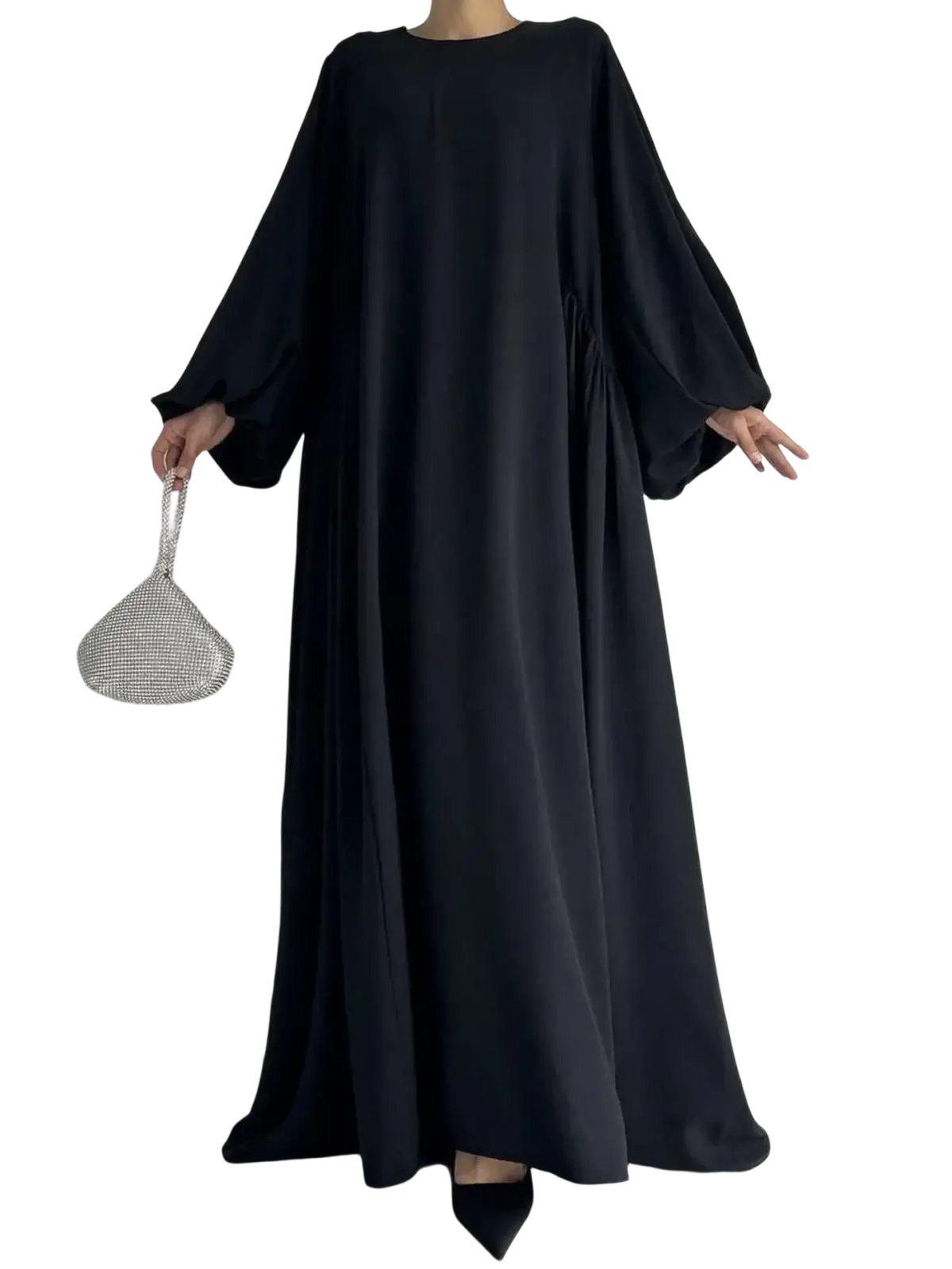 Black flowing Muslim abaya maxi dress with wide sleeves and relaxed fit for casual modest apparel