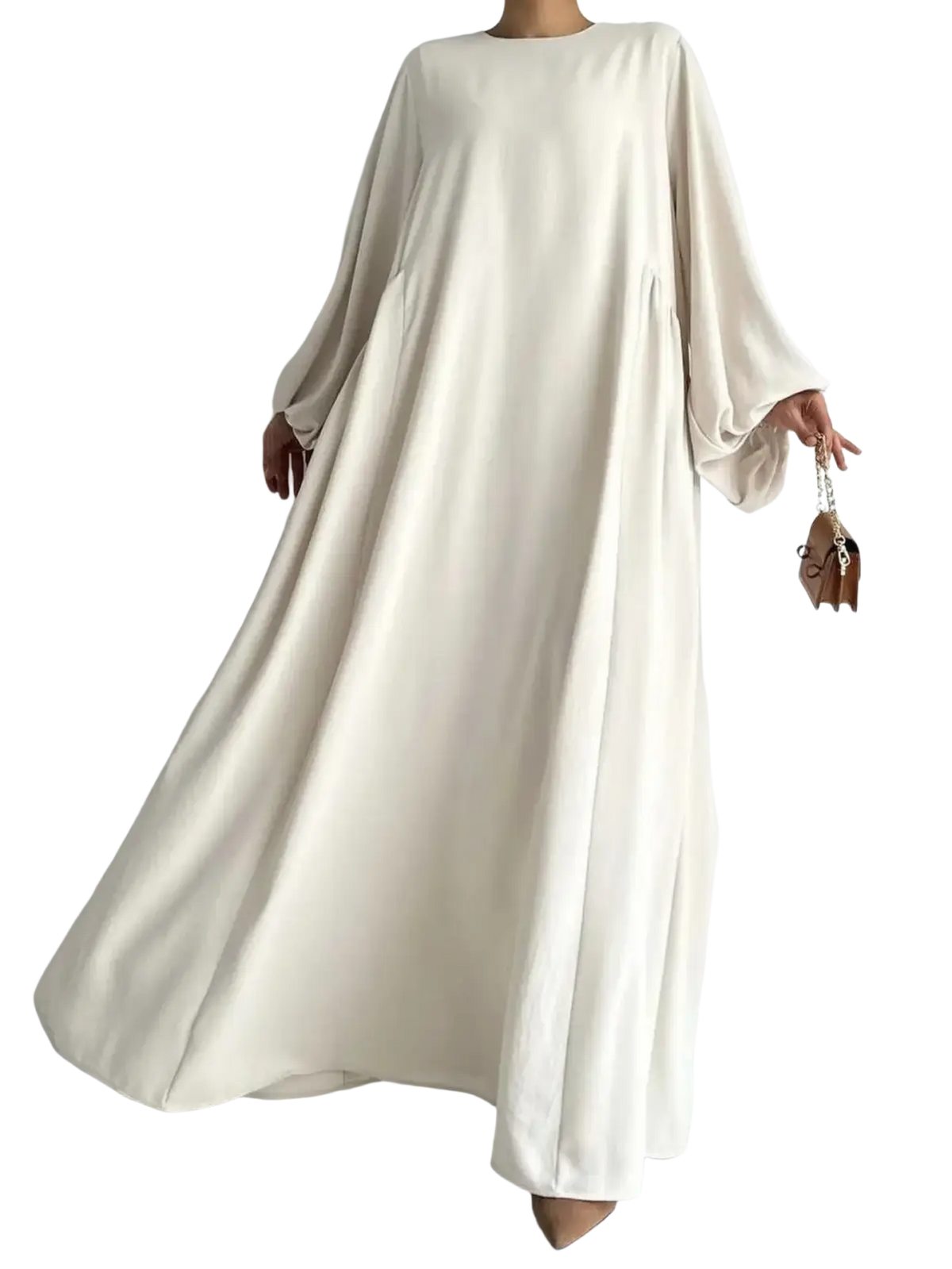 Cream-colored flowy muslim abaya maxi dress with wide sleeves and relaxed fit for casual modest wear