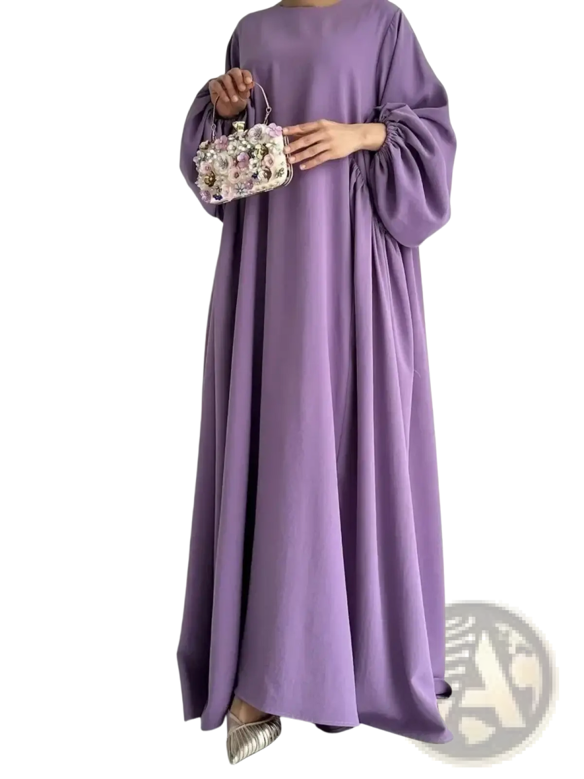 A lavender long-sleeved Muslim abaya maxi dress with a relaxed fit gathered cuffs solid casual modest apparel