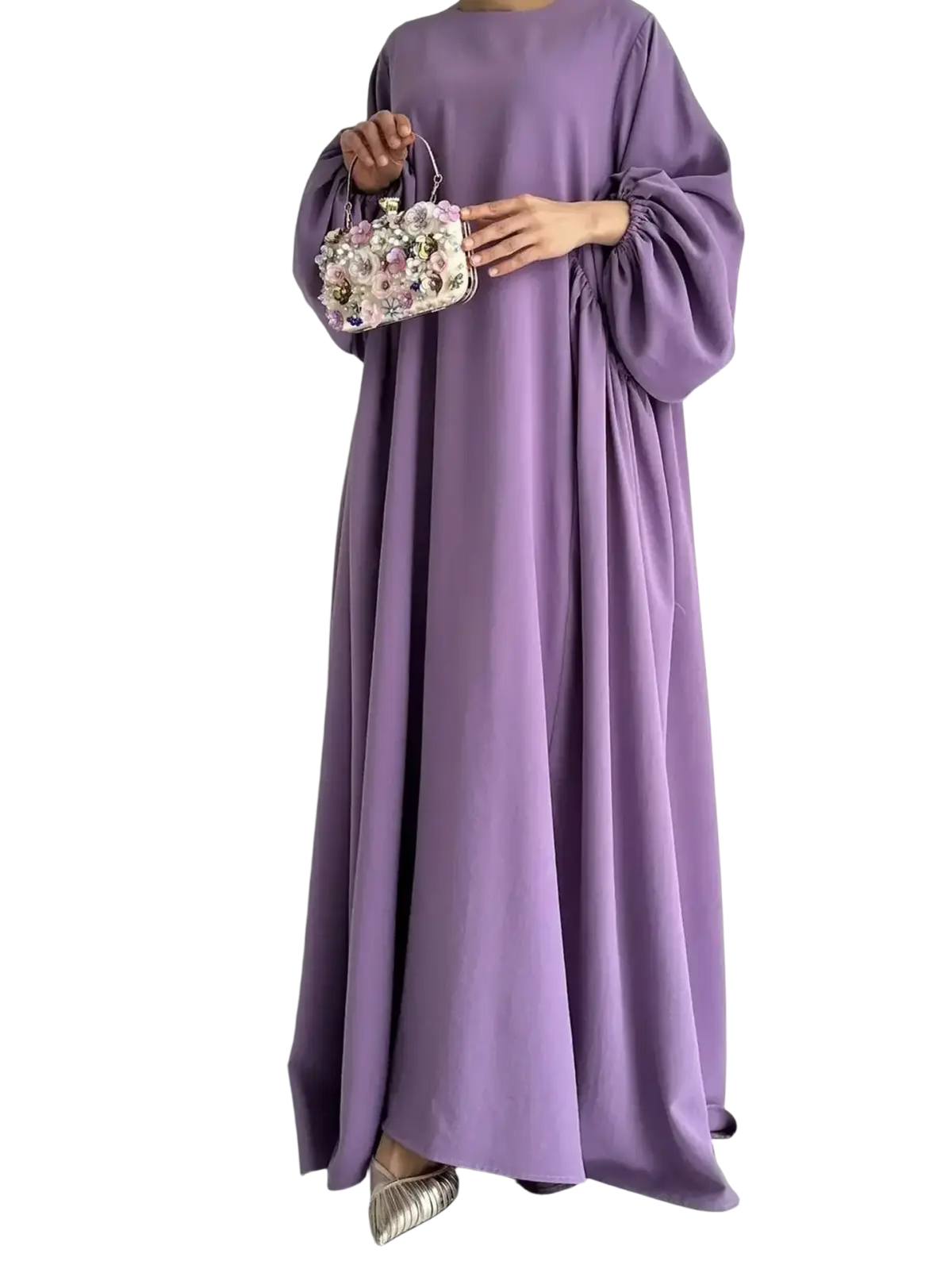 Lavender Muslim abaya maxi dress with long sleeves gathered cuffs and flowing silhouette for modest casual wear