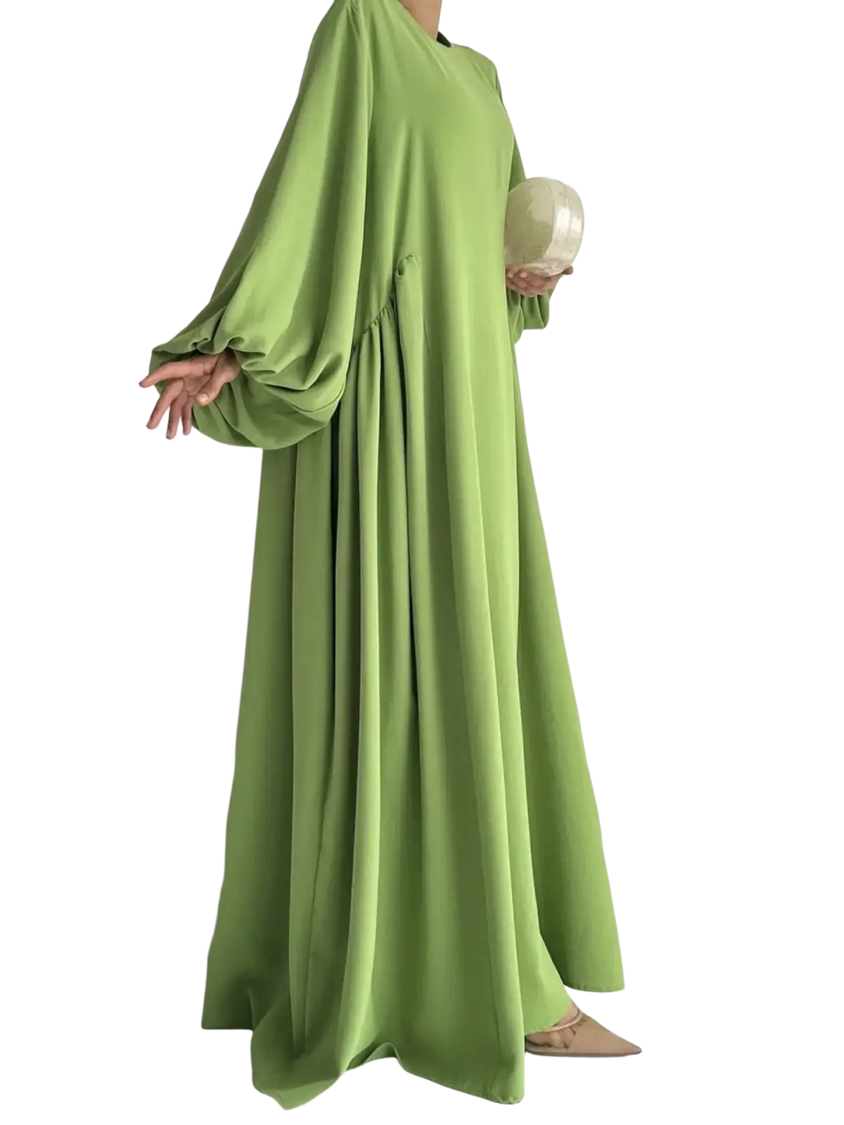 Muslim abaya maxi dress solid casual modest attire in light green with flowing fabric wide sleeves and loose fit