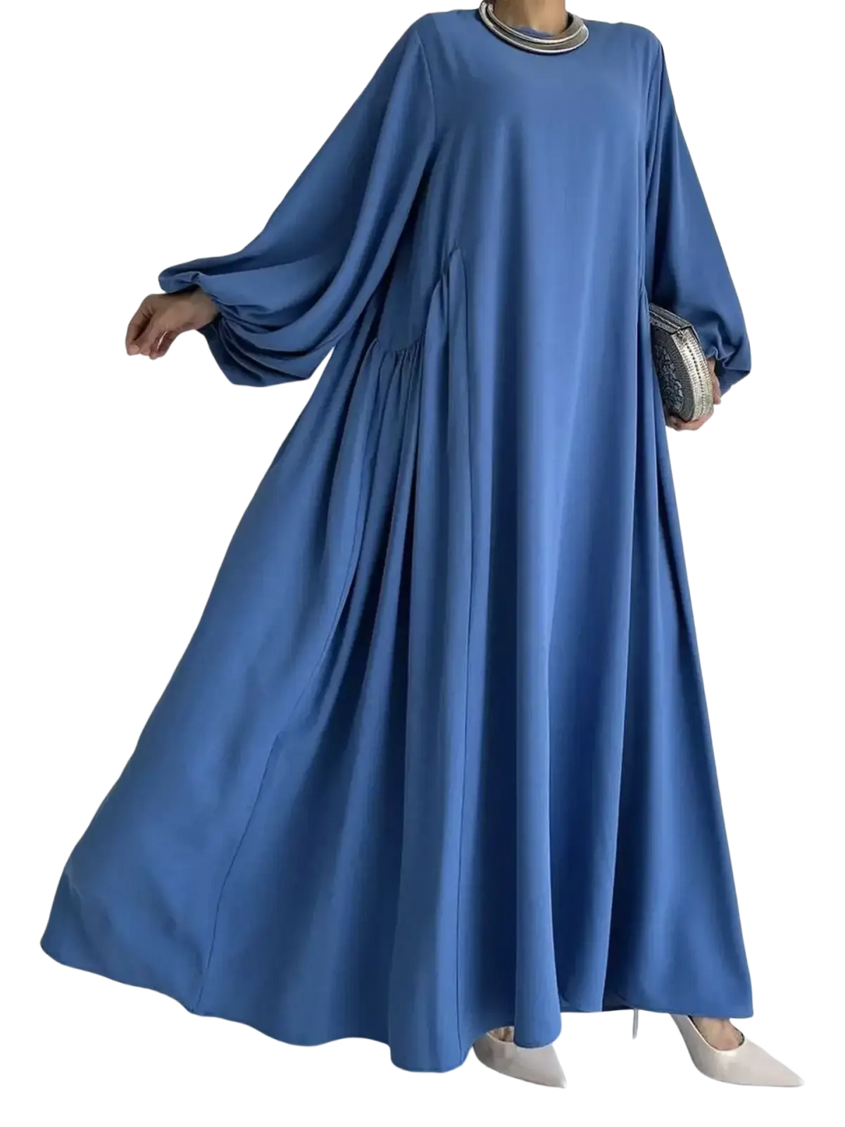 A flowing royal blue abaya maxi dress with wide draped sleeves and a high neckline for modest casual wear