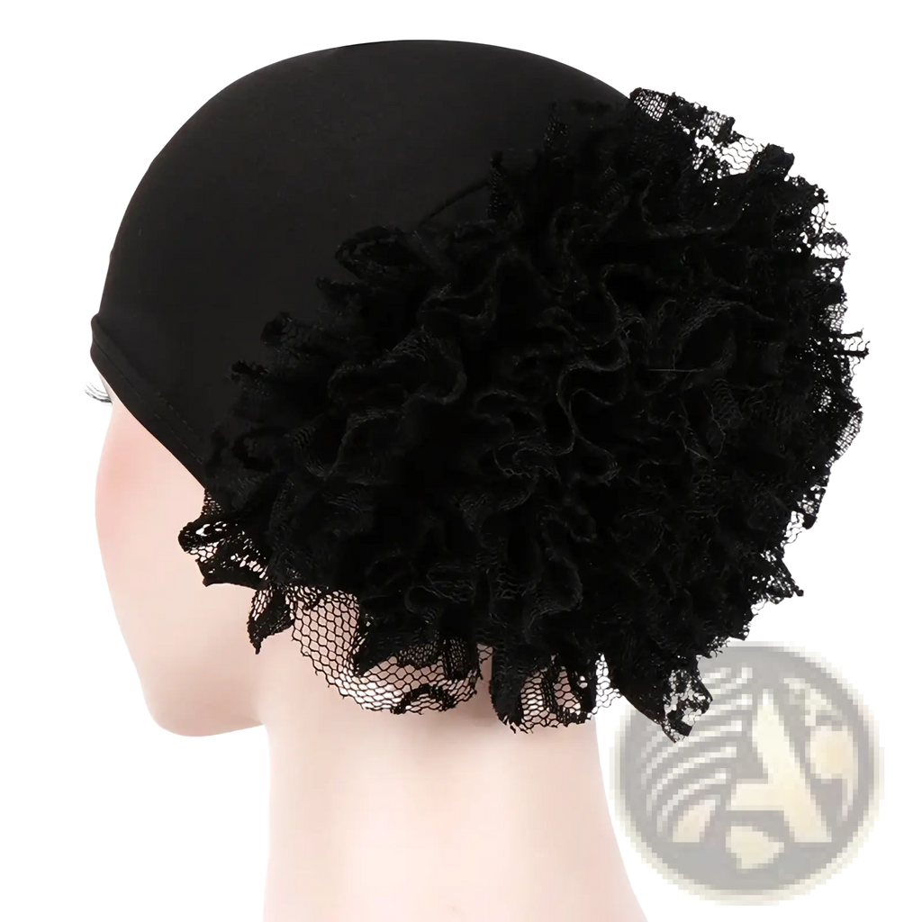 Black lace floral hijab cap with ruffled layers and mesh detailing stretch headscarf for muslim women