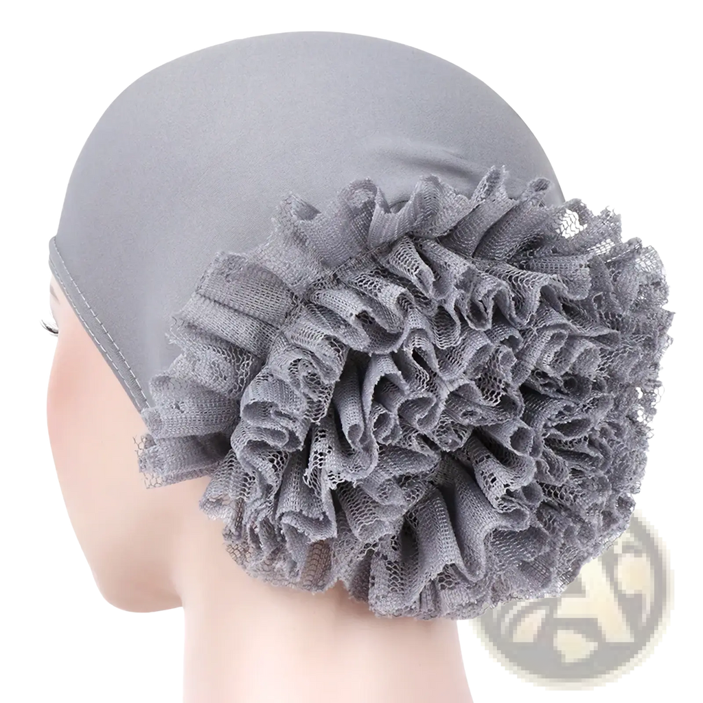 Gray lace ruffle muslim hijab cap with soft stretchy floral lace fabric base for comfortable wear