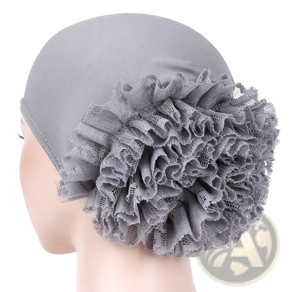 Gray lace ruffle muslim hijab cap with soft stretchy floral lace fabric base for comfortable wear