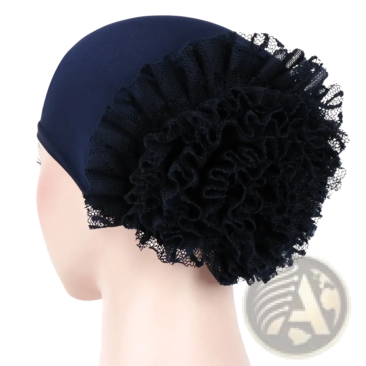 Navy blue stretchy muslim hijab cap headscarf with large black lace flower embellishment for comfortable wear