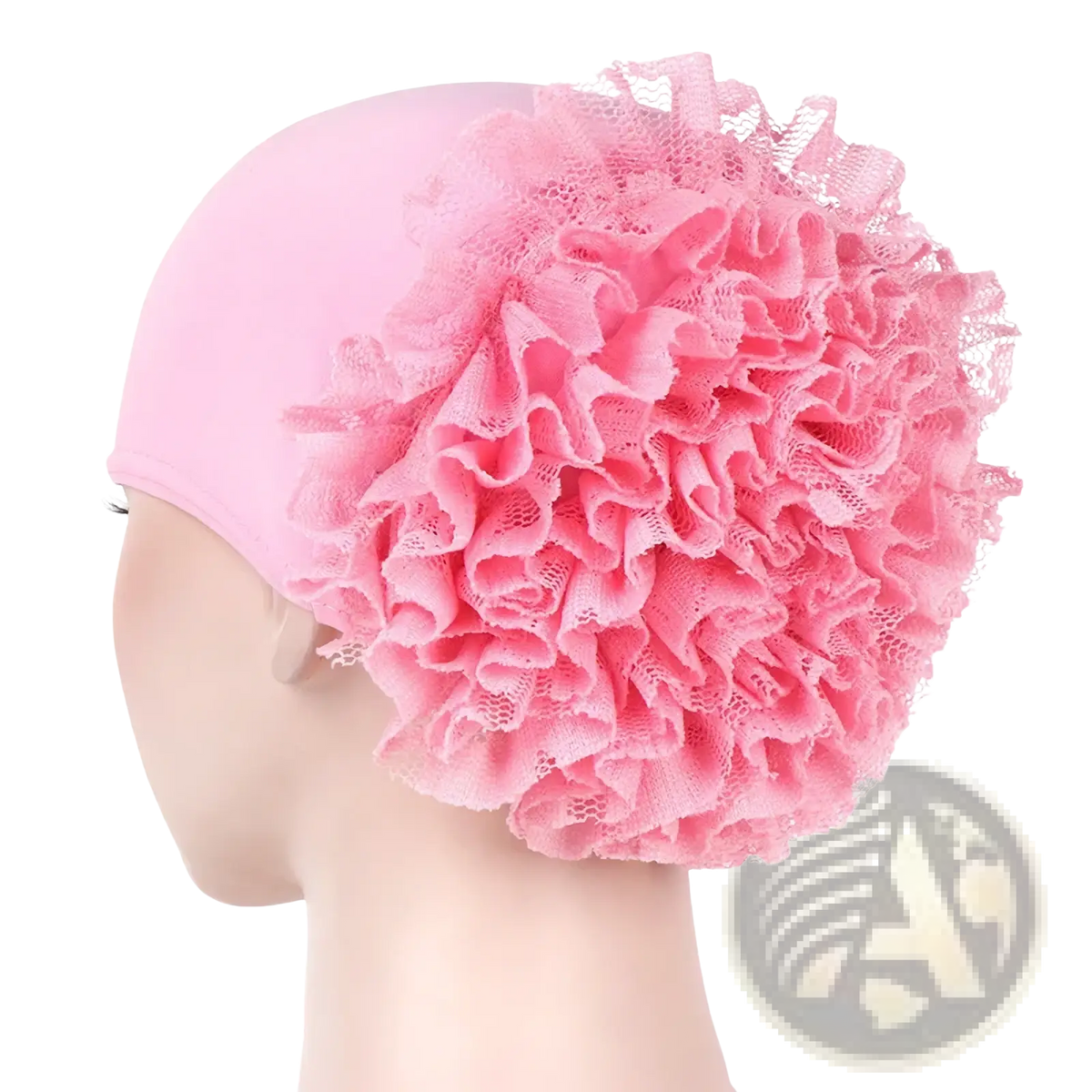 Pink lace ruffle swim cap made of floral lace stretch material designed as a muslim hijab headscarf for swimming use
