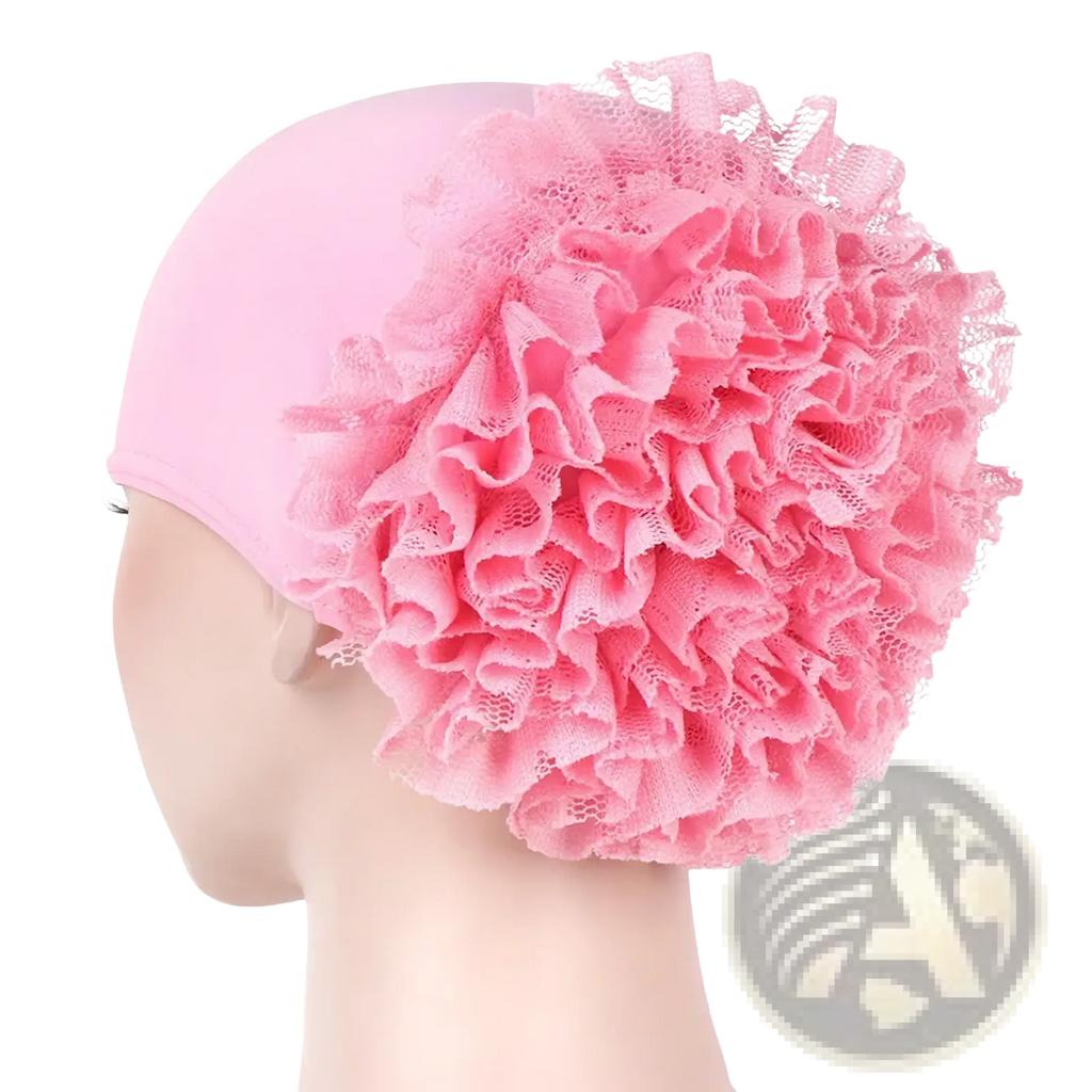 Pink lace ruffle swim cap muslim hijab cap with floral lace stretch fabric for modest swimming use