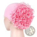Pink lace ruffle swim cap muslim hijab cap with floral lace stretch fabric for modest swimming use
