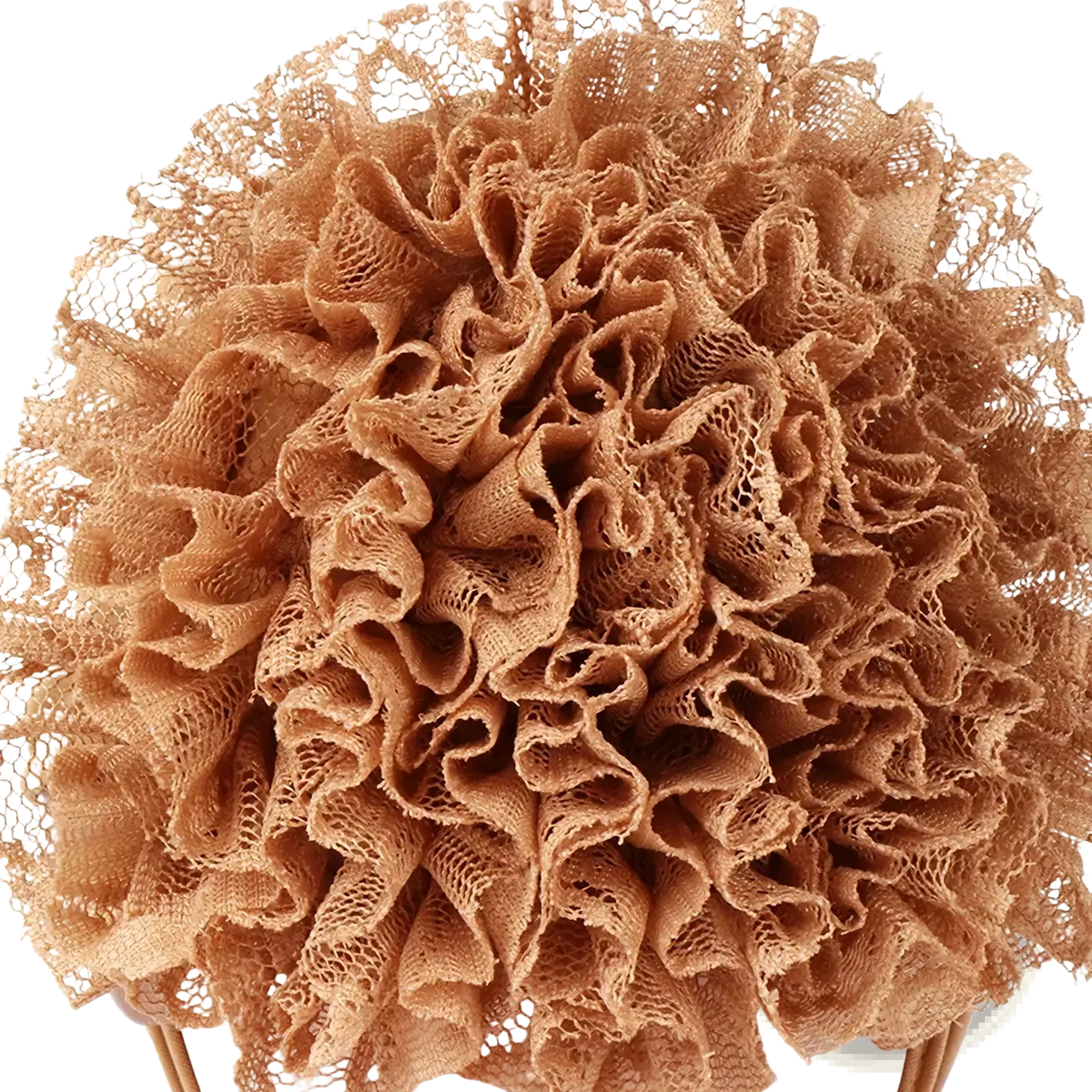 Muslim hijab cap with tan textured ruffled lace pom-pom made of woven openwork fabric for floral lace stretch headscarf