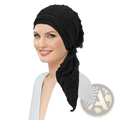 Black softly ruched fabric Muslim hijab turban hat with flowing tail ruffle chemo cap shown from the back side