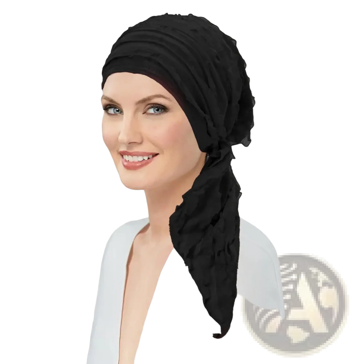 Black softly ruched fabric Muslim hijab turban hat with flowing tail ruffle chemo cap shown from the back side