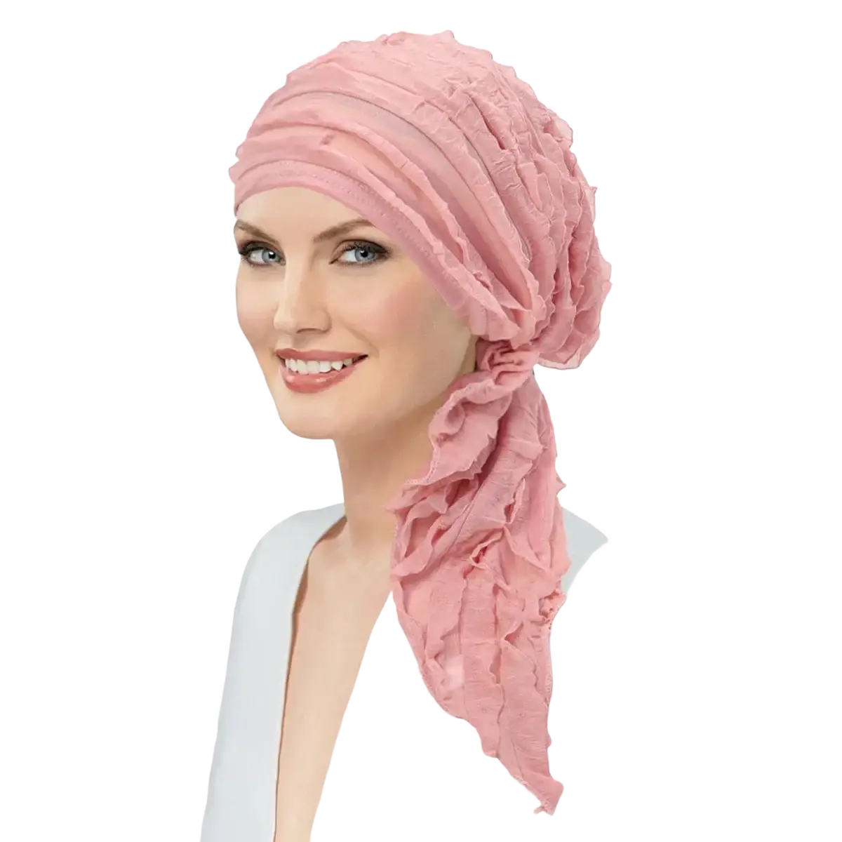 Pink ruffled fabric muslim hijab turban hat with soft flowing design suitable as a chemo cap