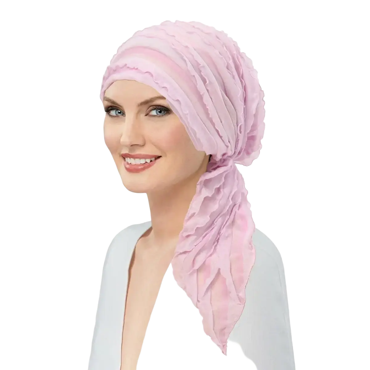 Muslim hijab turban hat in soft pink ruffled fabric with a flowing tail suitable as a chemo cap