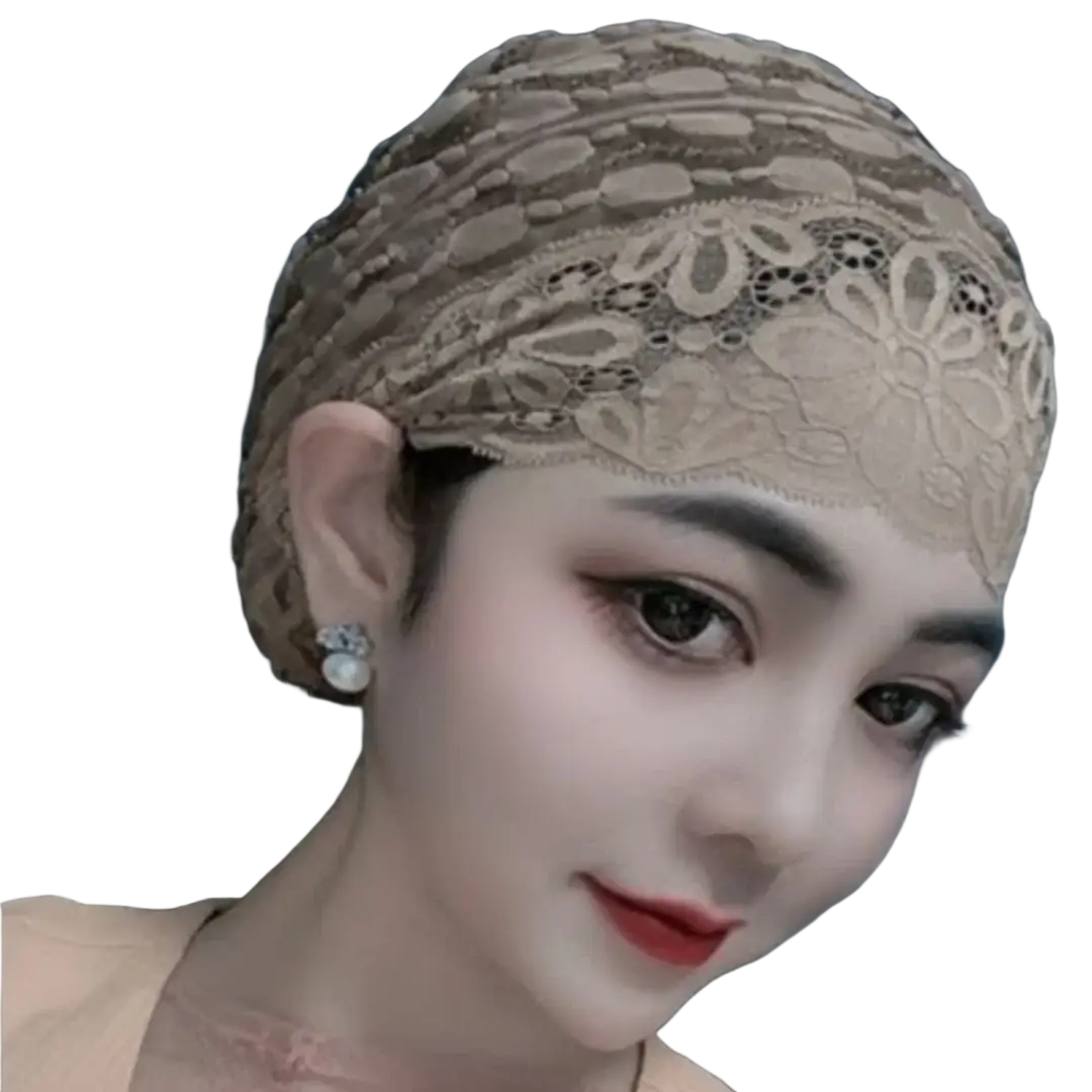 Beige lace muslim inner hijab turban cap with intricate floral patterns and delicate sheer texture