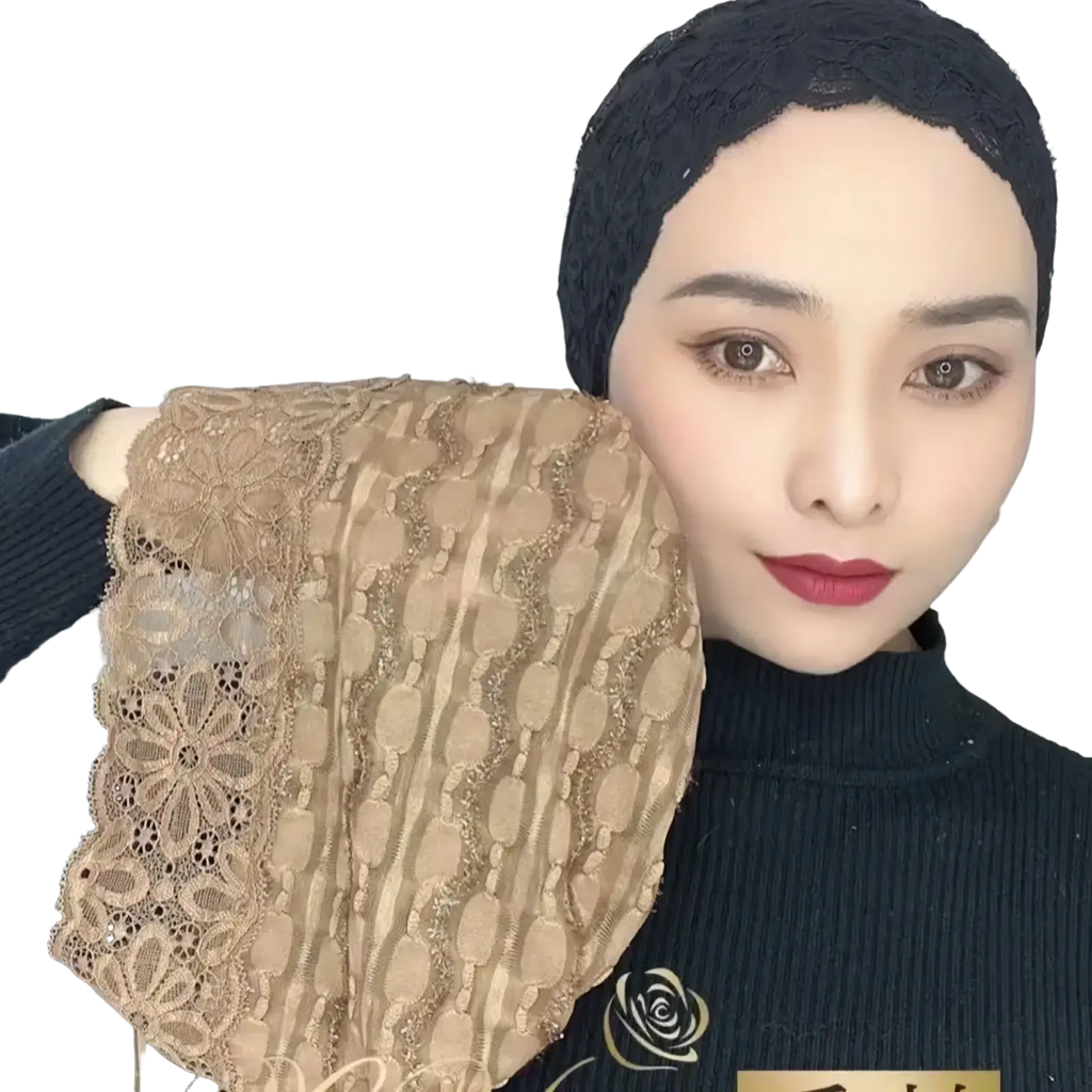 Beige Muslim lace inner hijab turban cap with intricate floral patterns and sheer textured fabric overlay