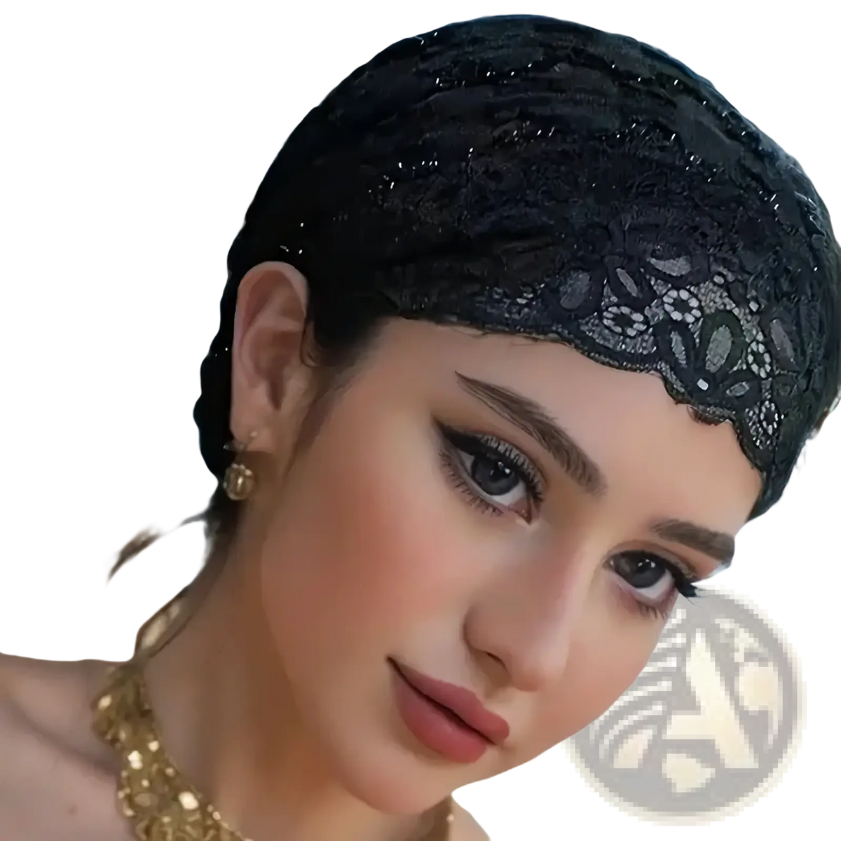 Black lace Muslim lace inner hijab turban cap with intricate floral patterns and subtle shimmering embellishments