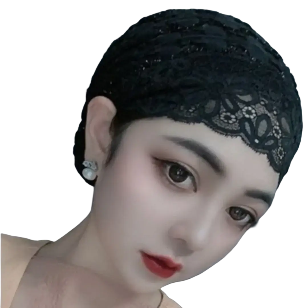 Black lace inner hijab turban cap with delicate floral patterns and subtle beading for muslim headwear