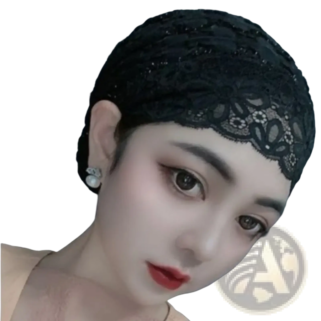 Black lace inner hijab turban cap with delicate floral patterns and subtle beading for muslim headwear