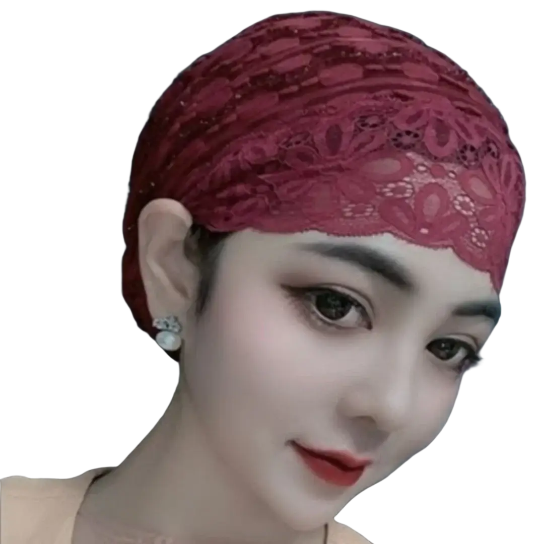 Muslim lace inner hijab turban cap in delicate burgundy lace with intricate floral patterns and subtle beading
