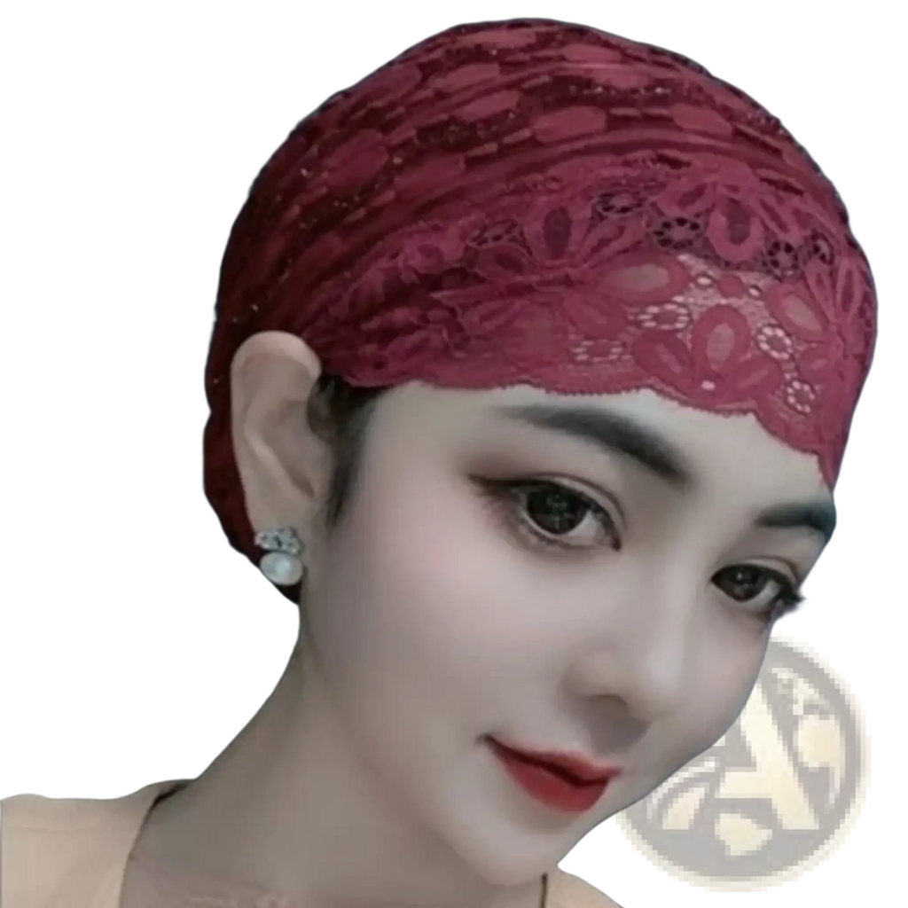 Muslim lace inner hijab turban cap in delicate burgundy lace with intricate floral patterns and subtle beading