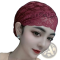 Muslim lace inner hijab turban cap in delicate burgundy lace with intricate floral patterns and subtle beading