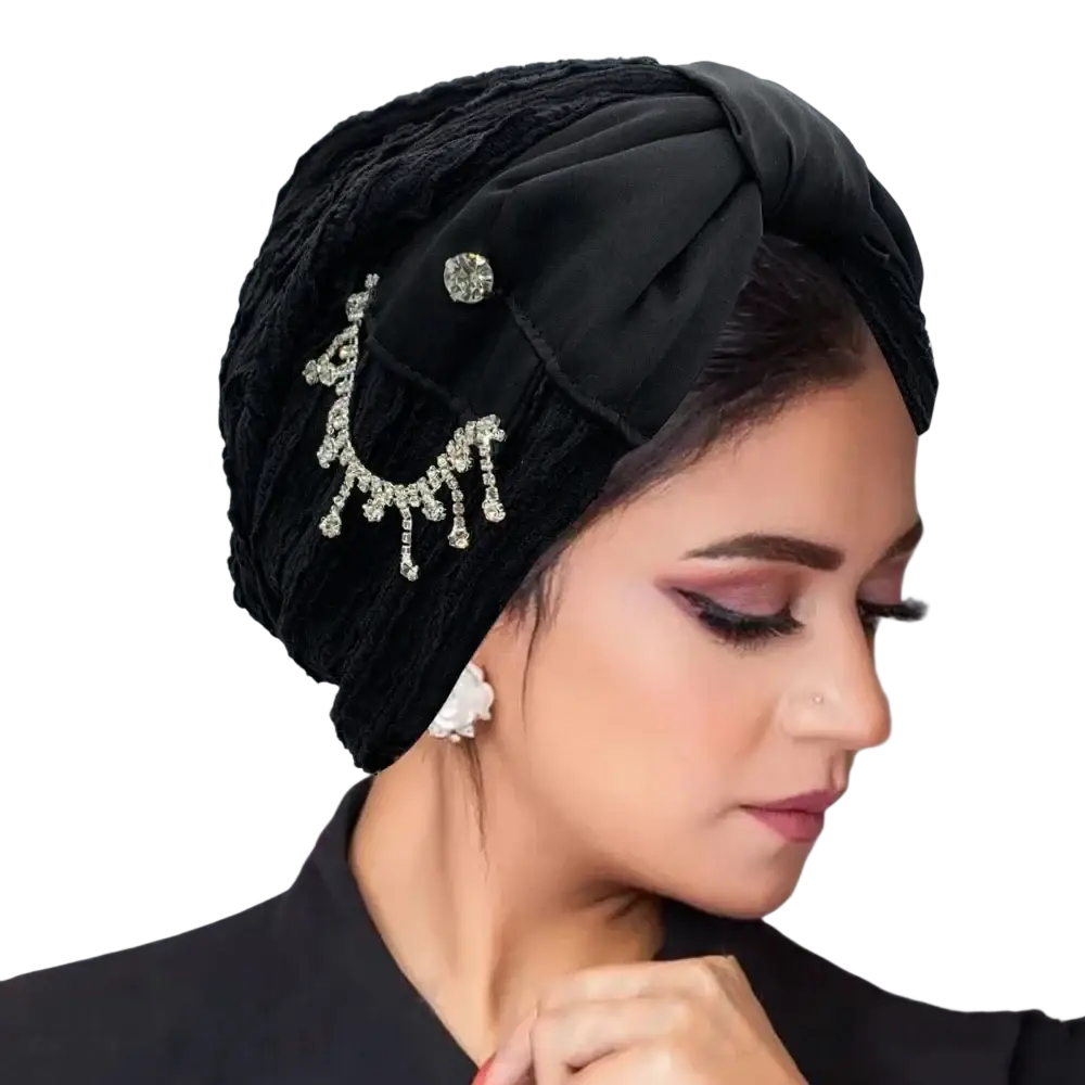 Black velvet muslim turban cap with a sparkling crystal bow embellishment head wrap for elegant wear