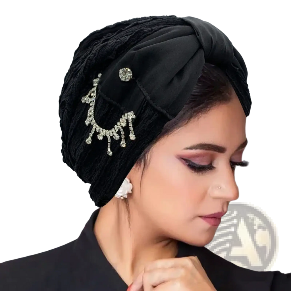Black velvet muslim turban cap with a sparkling crystal bow embellishment head wrap for elegant wear