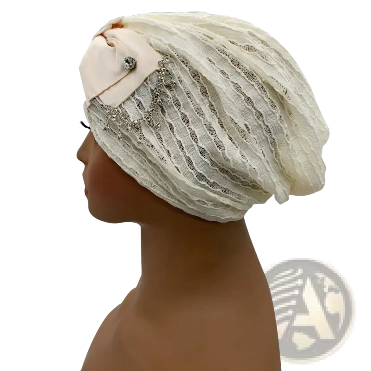 Cream-colored lace Muslim turban cap with satin bow and crystal embellishments head wrap for stylish wear