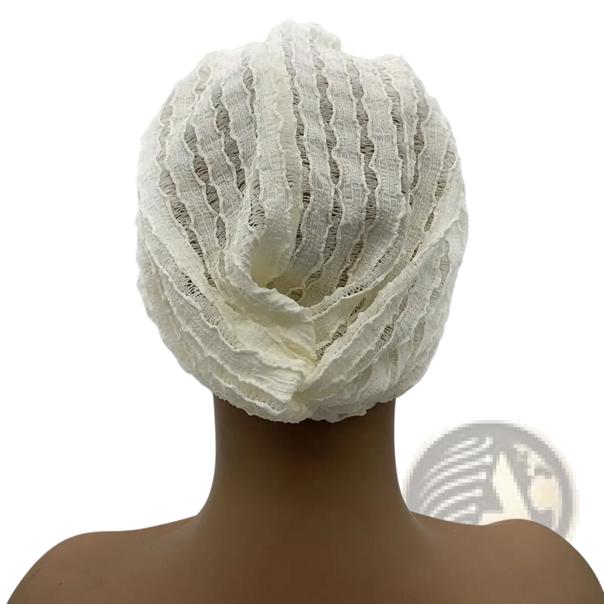 Off-white textured fabric muslim turban cap with ruched layered design and crystal bow head wrap