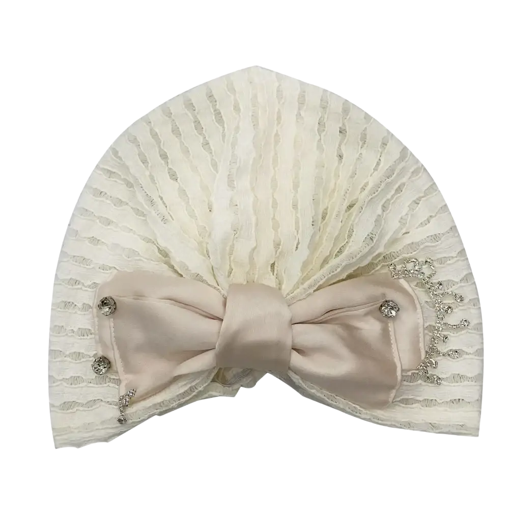 Elegant ivory lace muslim turban cap with blush satin bow and sparkling crystal embellishments for stylish wear