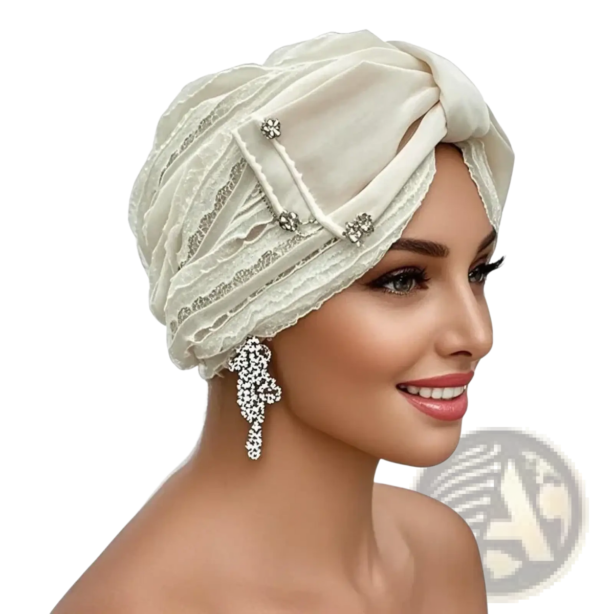 Elegant ivory lace Muslim turban cap with delicate silver floral embellishments and crystal bow head wrap detail
